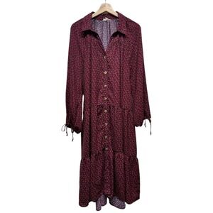 Easel Floral Midi Dress S Tiered‎ Cottage Balloon Sleeve Peasant Boho Red Black